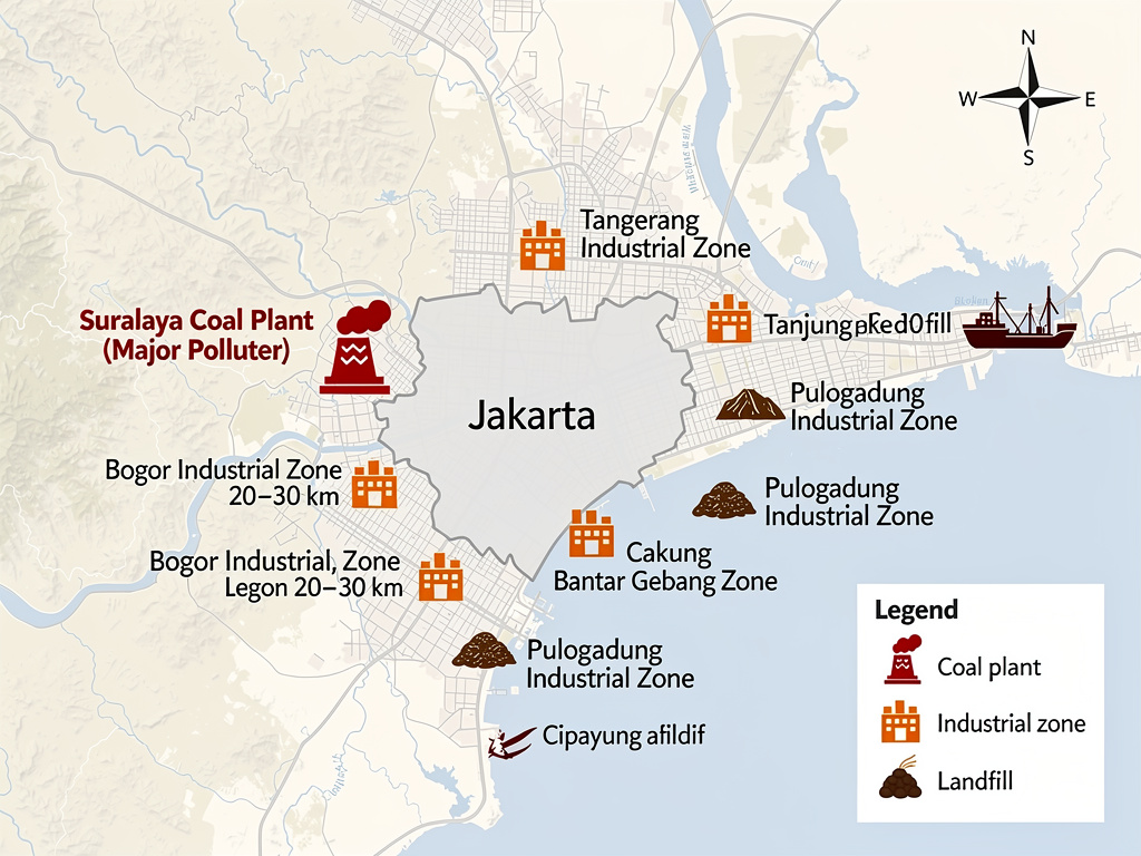 Map of major pollution sources around Jakarta, including coal plants (red), industrial zones (orange), and landfills (brown)